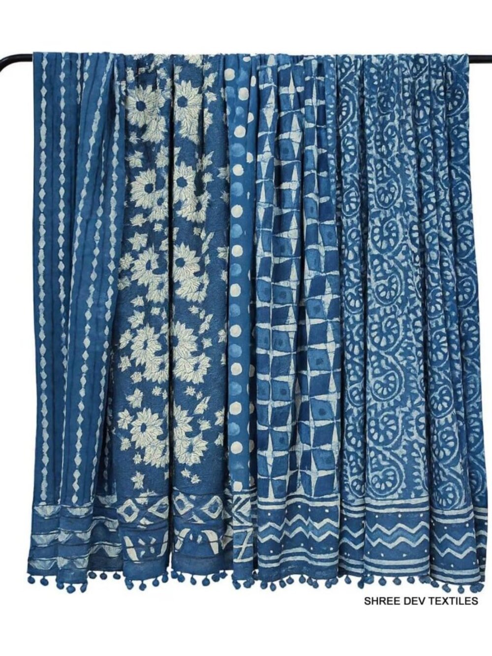 5 Pc Mix Lot Hand Block Indigo Print Scarves & Dabu Print Stole - Cotton, 22x72
